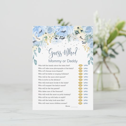 Blue Floral Guess Wie Baby shower Speluitnodiginge Kaart (Staand voorkant)