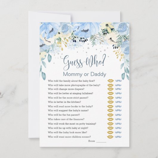 Blue Floral Guess Wie Baby shower Speluitnodiginge Kaart (Voorkant)