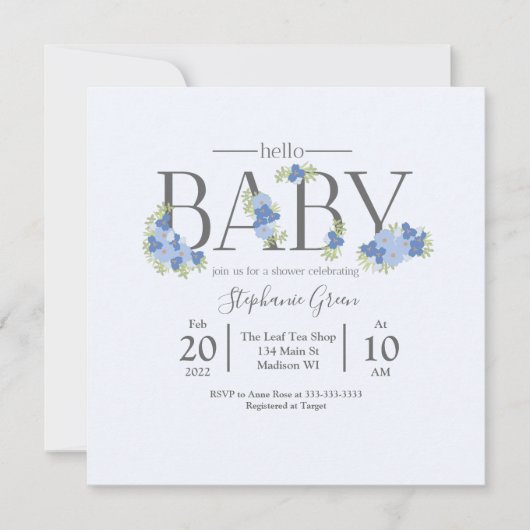 Blue Floral Hallo Baby - Shower Invitation (Voorkant)