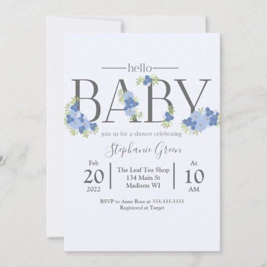 Blue Floral Hallo Baby - Shower Invitation Kaart (Voorkant)