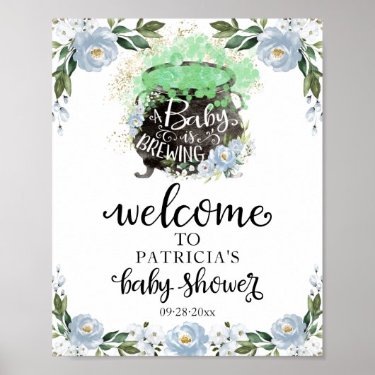 Blue Floral Halloween Baby shower Welcome Sign Poster (Voorkant)