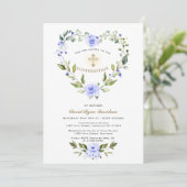 Blue Floral Heart Lijst Cross Boy bevestiging Kaart (Staand voorkant)