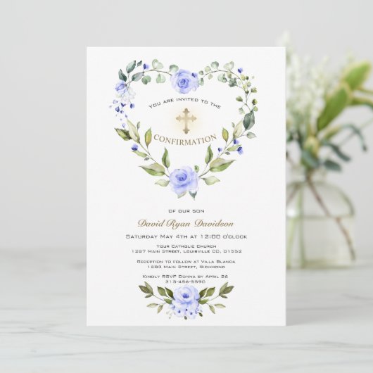 Blue Floral Heart Lijst Cross Boy bevestiging Kaart (Staand voorkant)