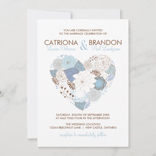 Blue Floral Heart Winter Wedding Invitation Kaart (Achterkant)