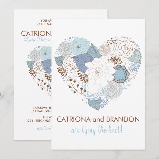 Blue Floral Heart Winter Wedding Invitation Kaart (Voorkant / Achterkant)