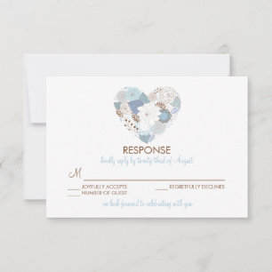 Blue Floral Heart Wreath Wedding RSVP Kaart