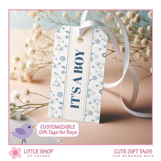 Blue Floral Het is een  Baby shower voor jongens Cadeaulabel