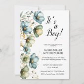 Blue Floral Het is een Jongen Baby shower Invitati Kaart (Voorkant)