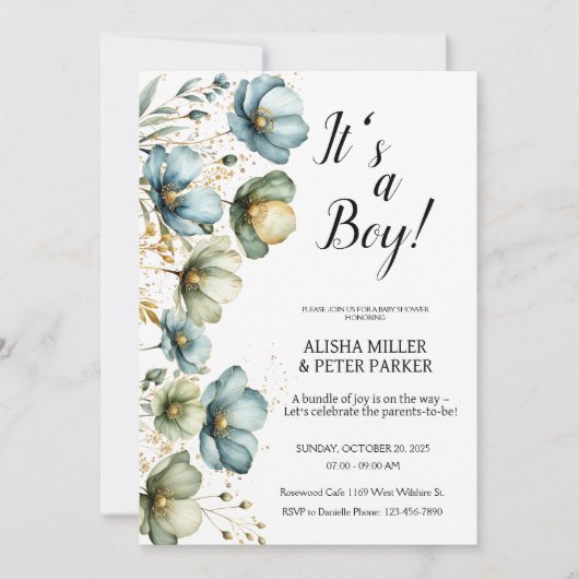 Blue Floral Het is een Jongen Baby shower Invitati Kaart (Voorkant)