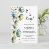 Blue Floral Het is een Jongen Baby shower Invitati Kaart (Staand voorkant)