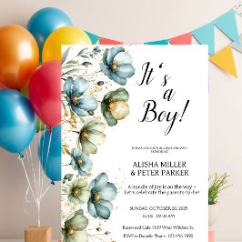 Blue Floral Het is een Jongen Baby shower Invitati Kaart