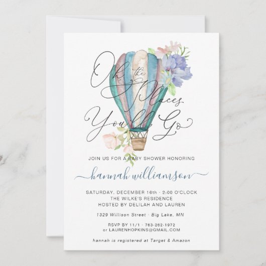 Blue Floral Hete Luchtballon Baby shower Uitnodigi Kaart (Voorkant)