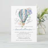 Blue Floral Hete Luchtballon Baby shower Uitnodigi Kaart (Staand voorkant)