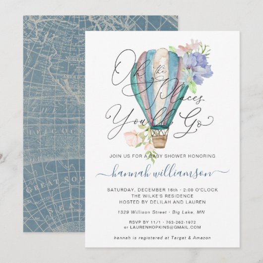 Blue Floral Hete Luchtballon Baby shower Uitnodigi Kaart (Voorkant / Achterkant)