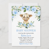 Blue Floral Highland Koe Baby shower Invite Kaart (Voorkant)