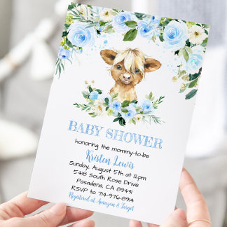Blue Floral Highland Koe Baby shower Invite Kaart