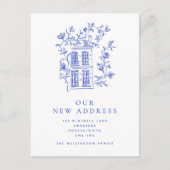  Blue Floral House Nieuw Adresaankondiging Briefkaart (Voorkant)