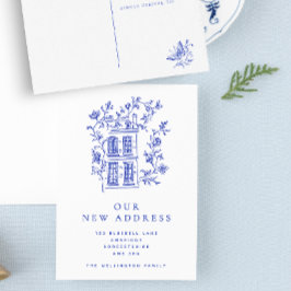  Blue Floral House Nieuw Adresaankondiging Briefkaart