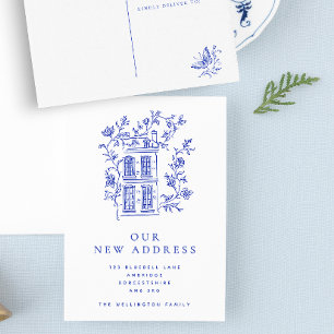 Blue Floral House Nieuw Adresaankondiging Briefkaart