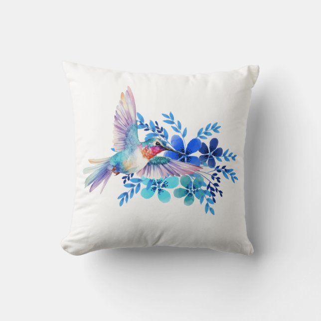 Blue Floral Hummingbird Decoratieve Waterverf Kussen (Voorkant)