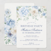 Blue Floral Hydrangea Botanical Verjaardagsfeest Kaart (Voorkant / Achterkant)
