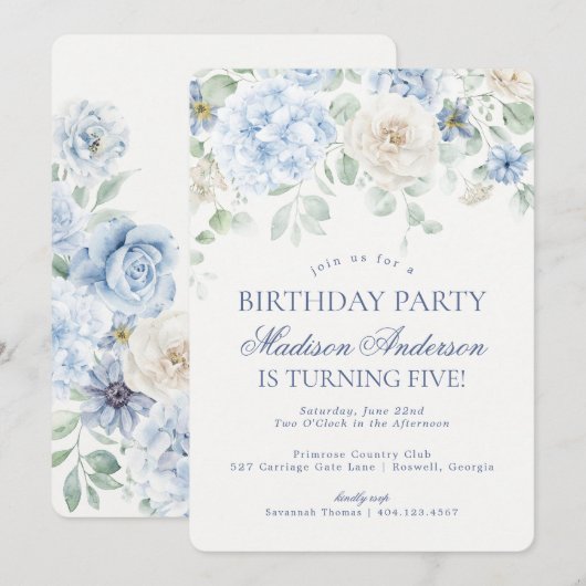 Blue Floral Hydrangea Botanical Verjaardagsfeest Kaart (Voorkant / Achterkant)