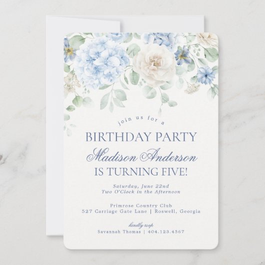 Blue Floral Hydrangea Botanical Verjaardagsfeest Kaart (Voorkant)
