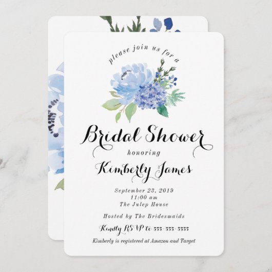 Blue Floral Hydrangea Bridal Shower Uitnodiging (Voorkant / Achterkant)
