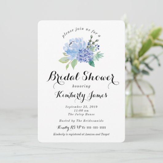 Blue Floral Hydrangea Bridal Shower Uitnodiging (Staand voorkant)