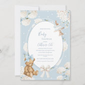Blue Floral Hydrangea Elegant Bear Baby Shower Kaart (Voorkant)