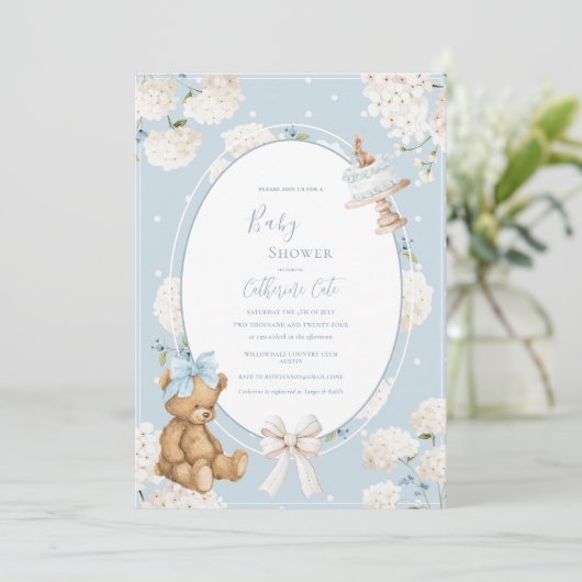 Blue Floral Hydrangea Elegant Bear Baby Shower Kaart (Staand voorkant)