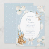 Blue Floral Hydrangea Elegant Bear Baby Shower Kaart (Voorkant / Achterkant)