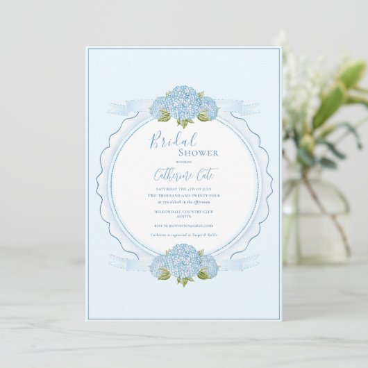 Blue Floral Hydrangea Elegant Bridal Shower  Kaart (Staand voorkant)