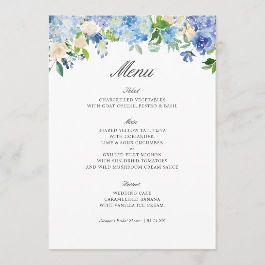 Blue Floral Hydrangea Vrijgezellenfeest Menu (Voorkant)