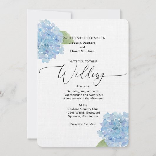 Blue Floral Hydrangea Wedding Invitation design Kaart (Voorkant)