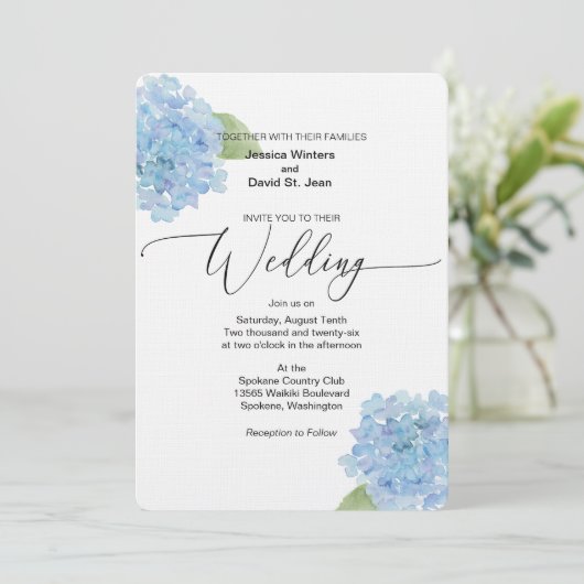 Blue Floral Hydrangea Wedding Invitation design Kaart (Staand voorkant)