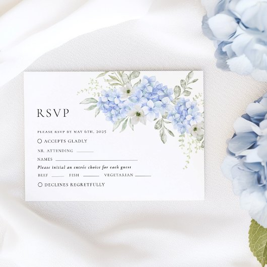 Blue Floral Hydrangea Wedding RSVP Kaart