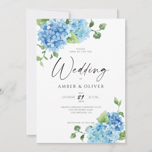 Blue Floral Hydrangeas Elegant Dusty Blue Wedding Kaart (Voorkant)