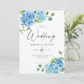 Blue Floral Hydrangeas Elegant Dusty Blue Wedding Kaart (Staand voorkant)