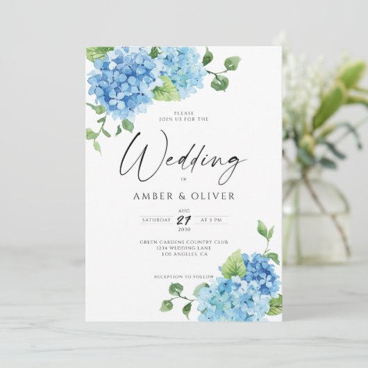 Blue Floral Hydrangeas Elegant Dusty Blue Wedding Kaart (Staand voorkant)