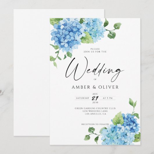 Blue Floral Hydrangeas Elegant Dusty Blue Wedding Kaart (Voorkant / Achterkant)