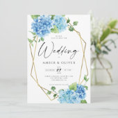 Blue Floral Hydrangeas Elegant Gold Modern Wedding Kaart (Staand voorkant)