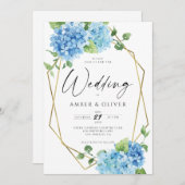 Blue Floral Hydrangeas Elegant Gold Modern Wedding Kaart (Voorkant / Achterkant)