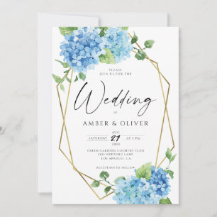 Blue Floral Hydrangeas Elegant Gold Modern Wedding Kaart