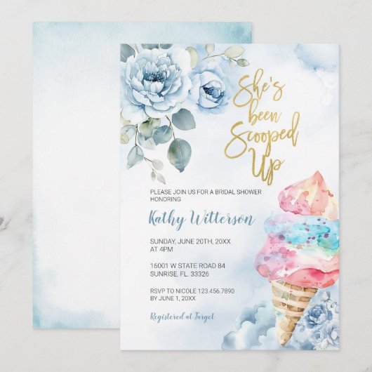 Blue Floral Ice Cream Scooped Vrijgezellenfeest Kaart (Voorkant / Achterkant)