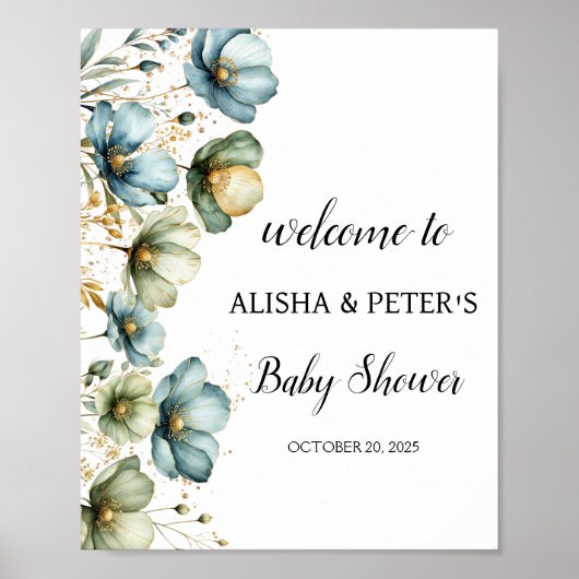 Blue Floral "It's a Boy" Baby shower Welkomstbord Poster (Voorkant)