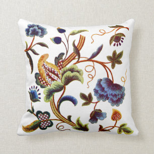Blue Floral Jacobean Faux Embroidery Pillow Kussen