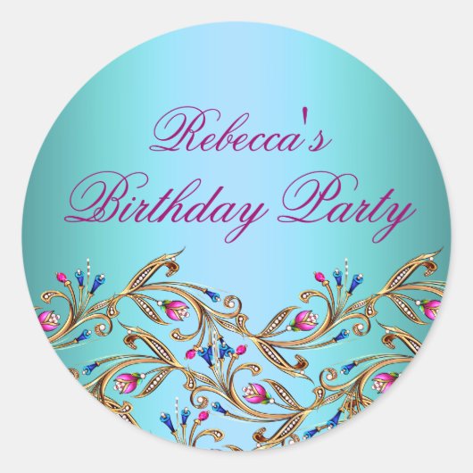 Blue Floral Jewel Envelope Sticker/seal Ronde Sticker (Voorkant)