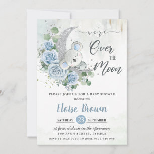 Blue Floral Koala We're Over the Moon Baby shower Kaart