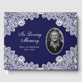 Blue  Floral Lace Memorial Foto Gastenboek